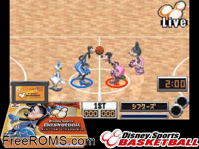 Disney Sports - Basketball (Japan) Gameboy Advance game showing 3D box cover and gameplay screenshot