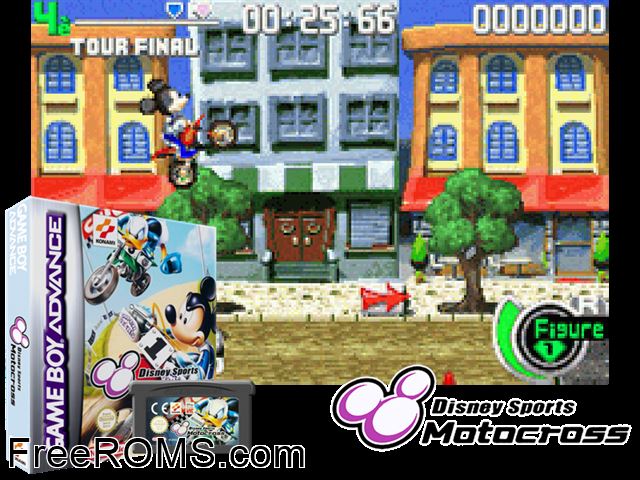 Disney Sports - Motocross Gameboy Advance game showing 3D box cover and gameplay screenshot