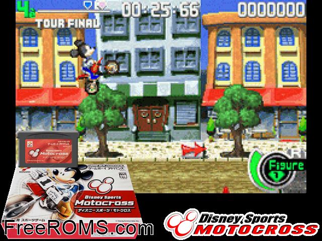 Disney Sports - Motocross (Japan) Gameboy Advance game showing 3D box cover and gameplay screenshot
