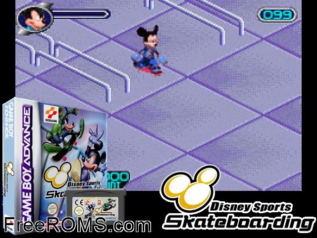 Disney Sports - Skateboarding Gameboy Advance game showing 3D box cover and gameplay screenshot