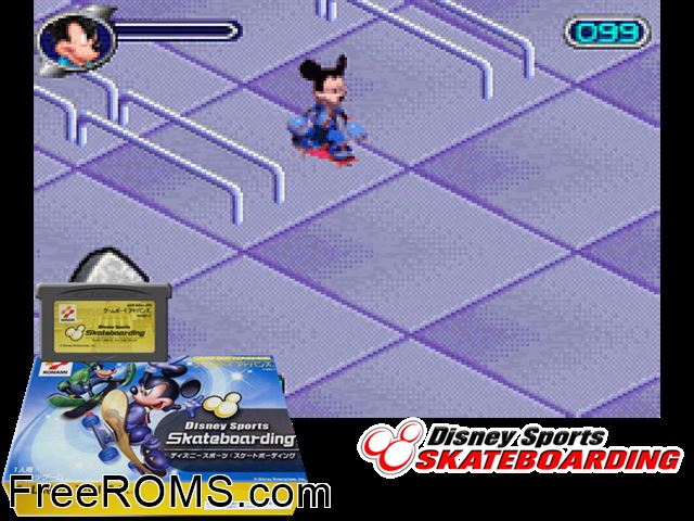 Disney Sports - Skateboarding (Japan) Gameboy Advance game showing 3D box cover and gameplay screenshot