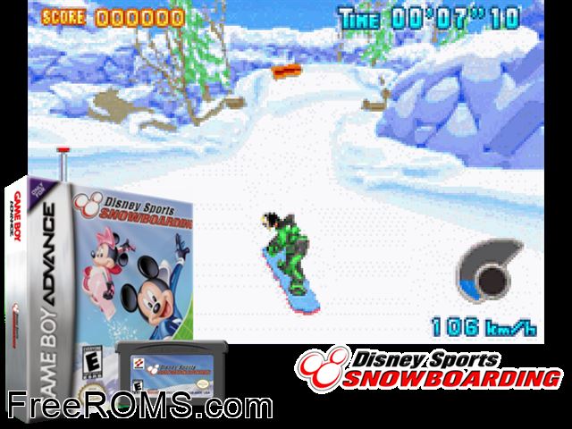 Disney Sports - Snowboarding Gameboy Advance game showing 3D box cover and gameplay screenshot