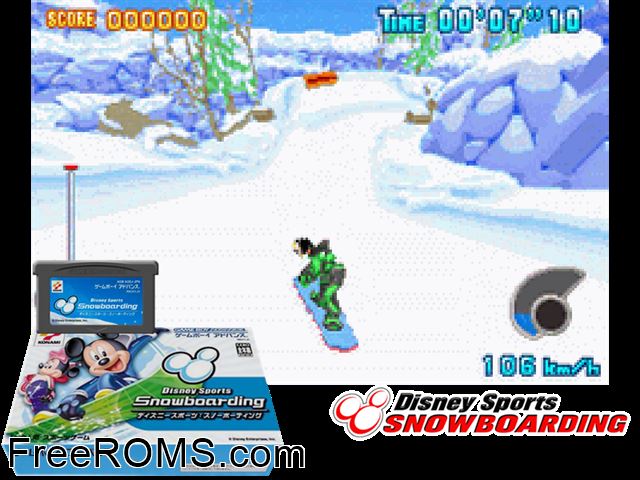 Disney Sports - Snowboarding (Japan) Gameboy Advance game showing 3D box cover and gameplay screenshot
