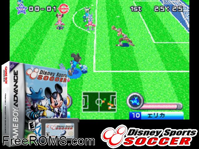Disney Sports - Soccer Gameboy Advance game showing 3D box cover and gameplay screenshot