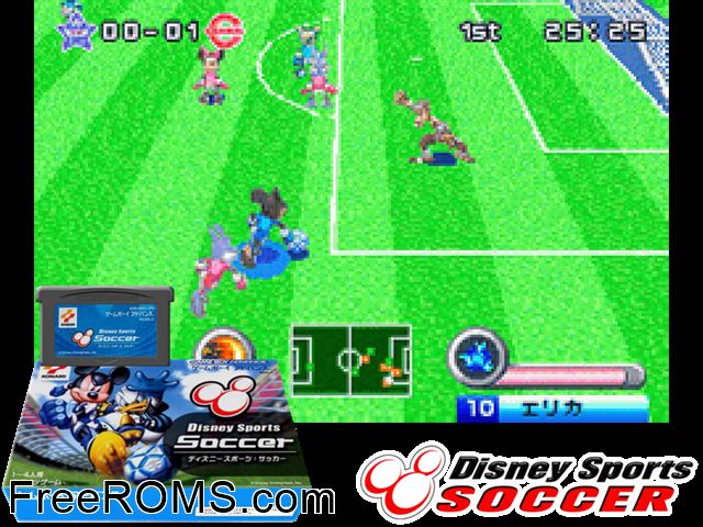Disney Sports - Soccer (Japan) Gameboy Advance game showing 3D box cover and gameplay screenshot