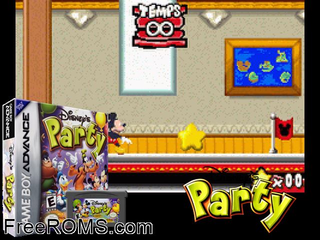 Disney's Party Gameboy Advance game showing 3D box cover and gameplay screenshot
