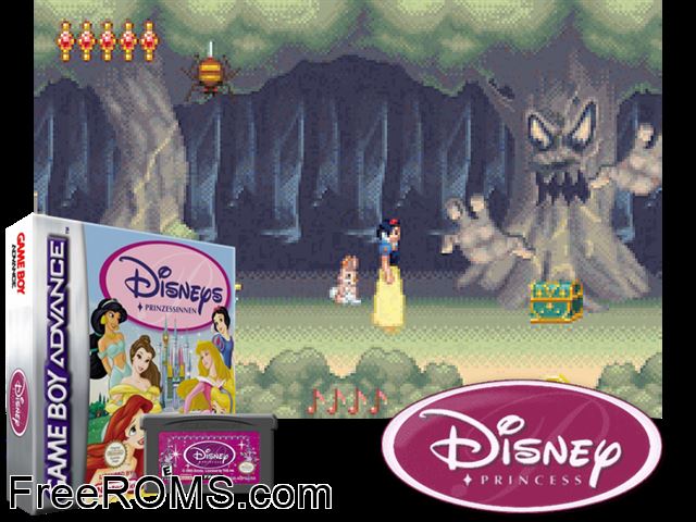 Disneys Prinzessinnen (Germany) Gameboy Advance game showing 3D box cover and gameplay screenshot