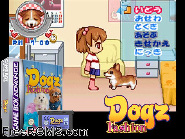 Dogz Fashion Gameboy Advance game showing 3D box cover and gameplay screenshot