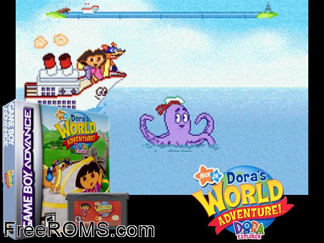 Dora The Explorer - Dora's World Adventure! Gameboy Advance game showing 3D box cover and gameplay screenshot