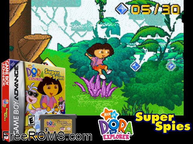 Dora The Explorer - Super Spies Gameboy Advance game showing 3D box cover and gameplay screenshot