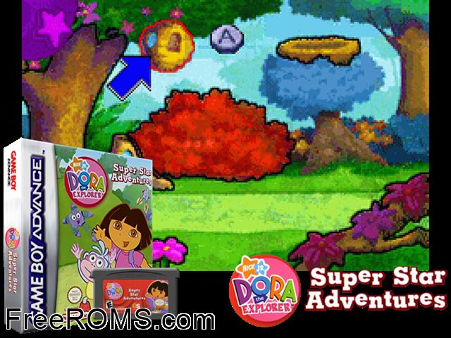 Dora The Explorer - Super Star Adventures! Gameboy Advance game showing 3D box cover and gameplay screenshot