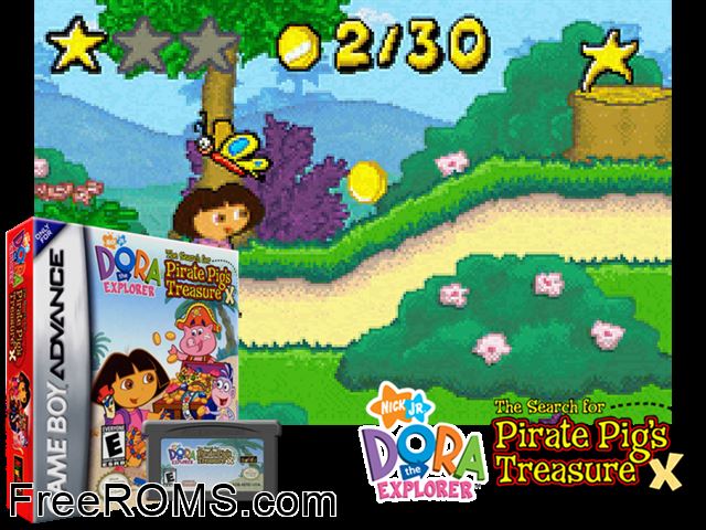 Dora The Explorer - The Search For The Pirate Pig's Treasure Gameboy Advance game showing 3D box cover and gameplay screenshot