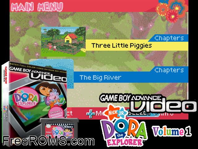 Dora The Explorer - Volume 1 (Video) Gameboy Advance game showing 3D box cover and gameplay screenshot