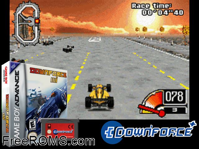 Downforce Gameboy Advance game showing 3D box cover and gameplay screenshot