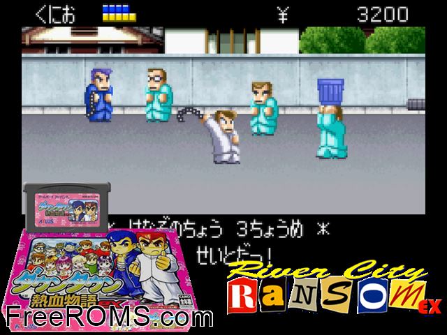 Downtown Nekketsu Monogatari Ex (Japan) Gameboy Advance game showing 3D box cover and gameplay screenshot