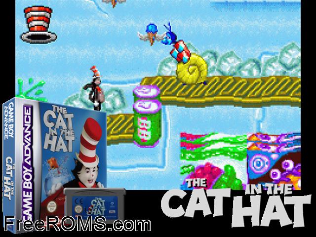 Dr. Seuss' - The Cat In The Hat Gameboy Advance game showing 3D box cover and gameplay screenshot