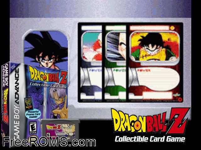 Dragon Ball Z - Collectible Card Game Gameboy Advance game showing 3D box cover and gameplay screenshot