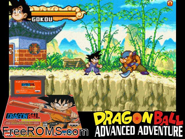 Dragon Ball - Advance Adventure (Japan) Gameboy Advance game showing 3D box cover and gameplay screenshot