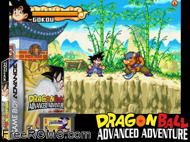 Dragon Ball - Advanced Adventure Gameboy Advance game showing 3D box cover and gameplay screenshot
