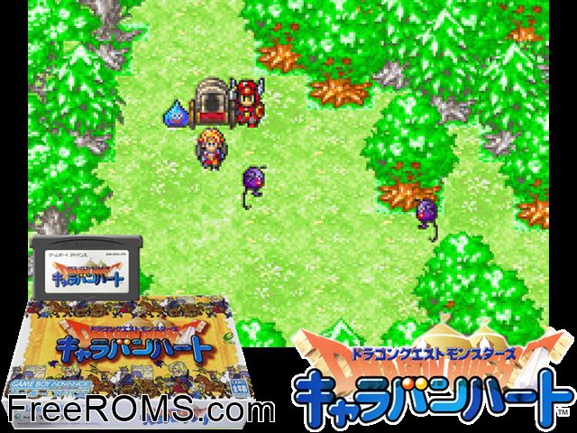 Dragon Quest Monsters - Caravan Heart (Japan) Gameboy Advance game showing 3D box cover and gameplay screenshot