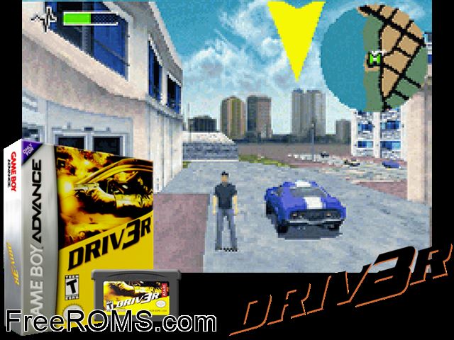 Driv3r Gameboy Advance game showing 3D box cover and gameplay screenshot