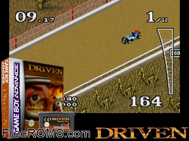 Driven Gameboy Advance game showing 3D box cover and gameplay screenshot