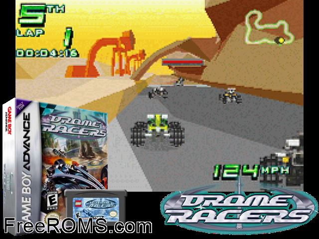 Drome Racers Gameboy Advance game showing 3D box cover and gameplay screenshot