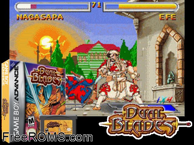 Dual Blades Gameboy Advance game showing 3D box cover and gameplay screenshot