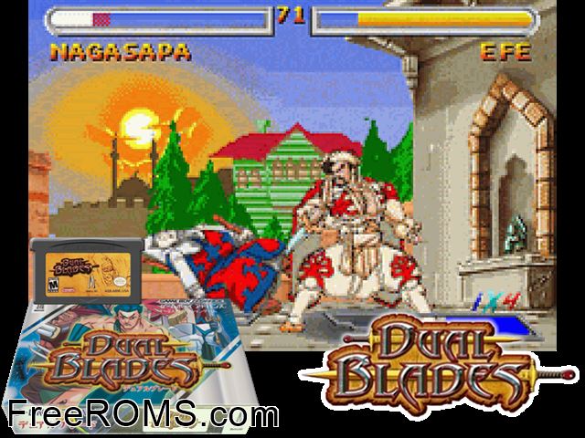 Dual Blades (Japan) Gameboy Advance game showing 3D box cover and gameplay screenshot