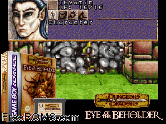 Dungeons And Dragons - Eye Of The Beholder Gameboy Advance game showing 3D box cover and gameplay screenshot
