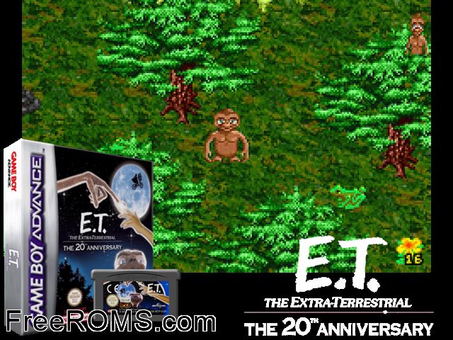 E.T. - The Extra-Terrestrial Gameboy Advance game showing 3D box cover and gameplay screenshot