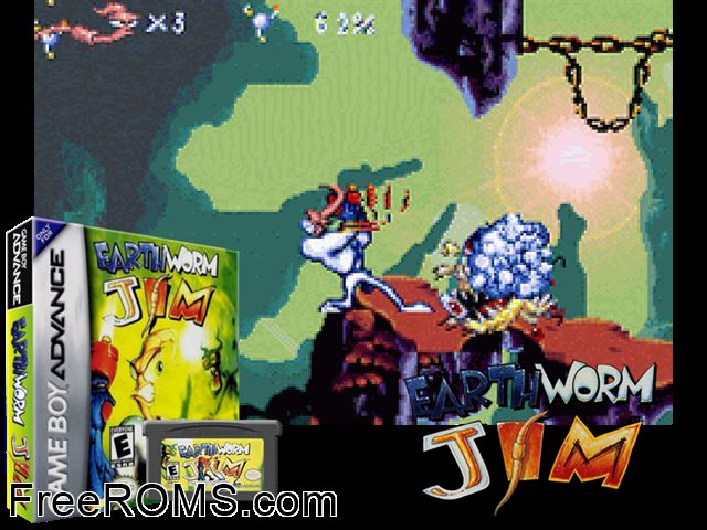 Earthworm Jim Gameboy Advance game showing 3D box cover and gameplay screenshot