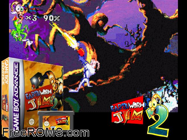 Earthworm Jim 2 Gameboy Advance game showing 3D box cover and gameplay screenshot