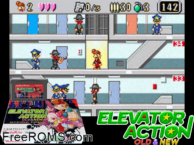 Elevator Action - Old And New (Japan) Gameboy Advance game showing 3D box cover and gameplay screenshot