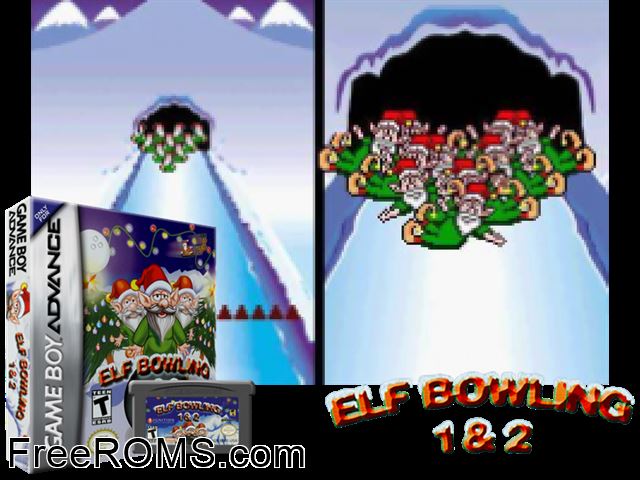 Elf Bowling 1 And 2 Gameboy Advance game showing 3D box cover and gameplay screenshot