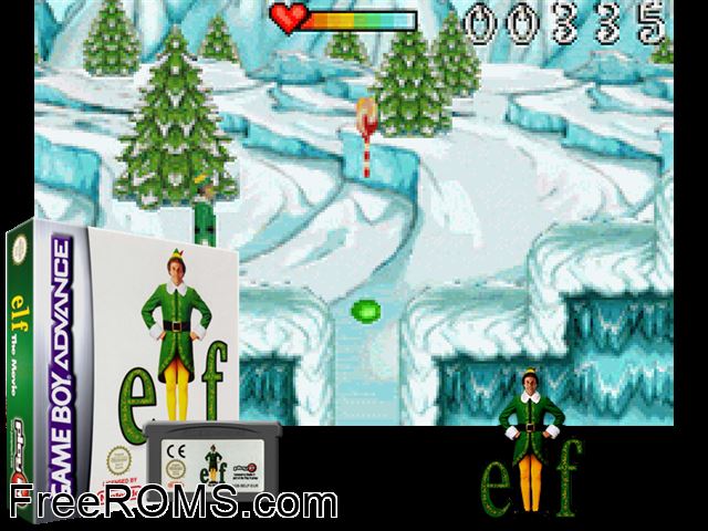 Elf - The Movie Gameboy Advance game showing 3D box cover and gameplay screenshot