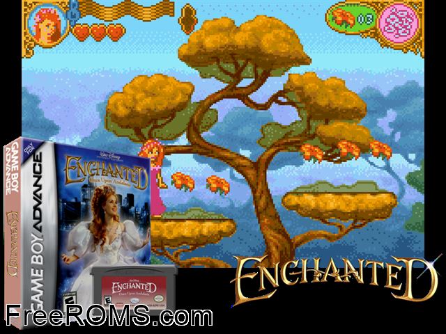 Enchanted - Once Upon Andalasia Gameboy Advance game showing 3D box cover and gameplay screenshot