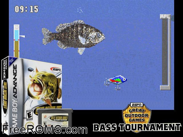 Espn Great Outdoor Games - Bass 2002 Gameboy Advance game showing 3D box cover and gameplay screenshot