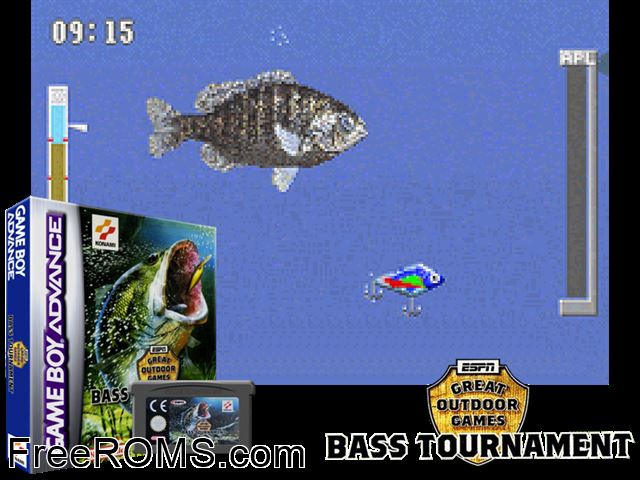 Espn Great Outdoor Games - Bass Tournament Gameboy Advance game showing 3D box cover and gameplay screenshot