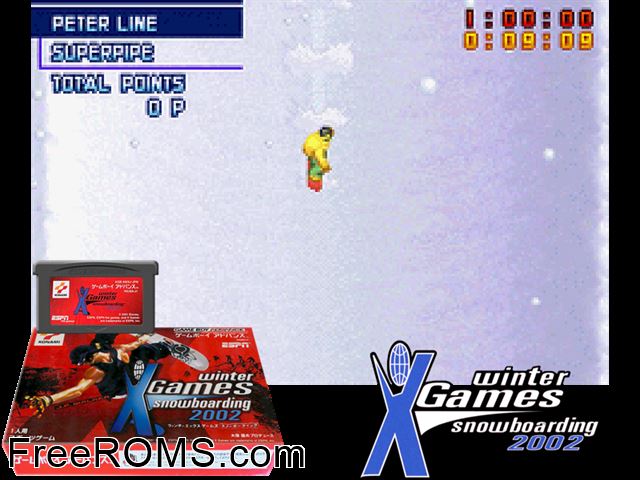Espn Winter X-Games Snowboarding 2002 (Japan) Gameboy Advance game showing 3D box cover and gameplay screenshot