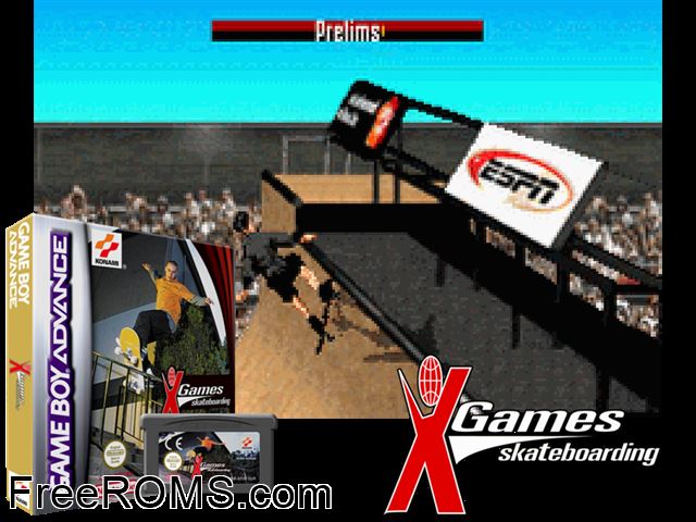 Espn X-Games Skateboarding Gameboy Advance game showing 3D box cover and gameplay screenshot