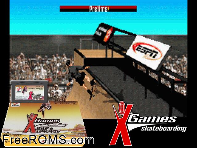 Espn X-Games Skateboarding (Japan) Gameboy Advance game showing 3D box cover and gameplay screenshot