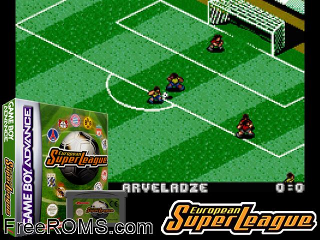 European Super League Gameboy Advance game showing 3D box cover and gameplay screenshot