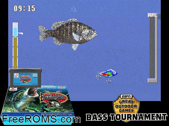 Exciting Bass (Japan) Gameboy Advance game showing 3D box cover and gameplay screenshot