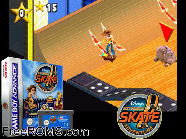 Extreme Skate Adventure Gameboy Advance game showing 3D box cover and gameplay screenshot