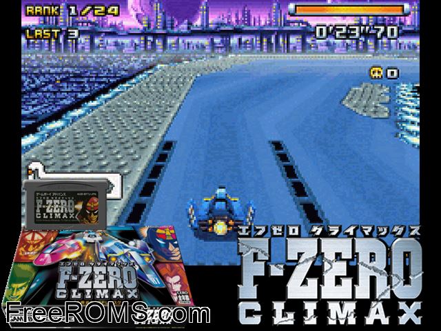 F-Zero Climax (Japan) Gameboy Advance game showing 3D box cover and gameplay screenshot