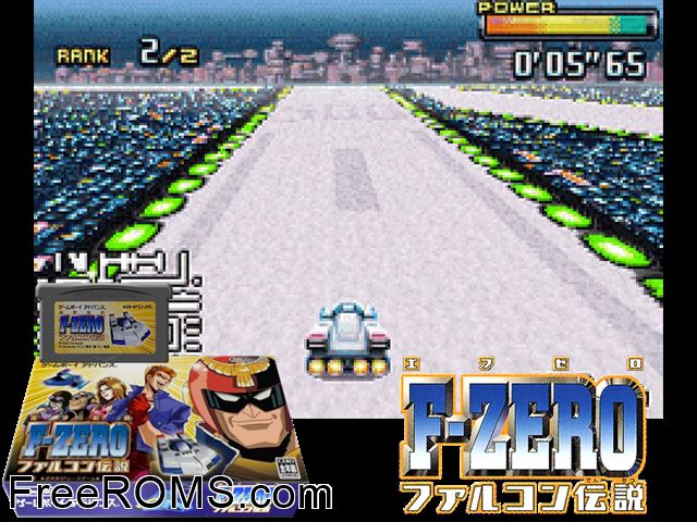 F-Zero Falcon Densetsu (Japan) Gameboy Advance game showing 3D box cover and gameplay screenshot