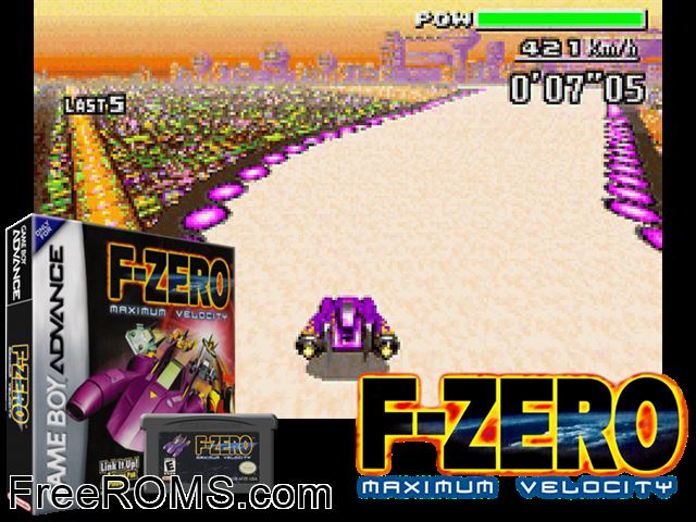 F-Zero Maximum Velocity Gameboy Advance game showing 3D box cover and gameplay screenshot