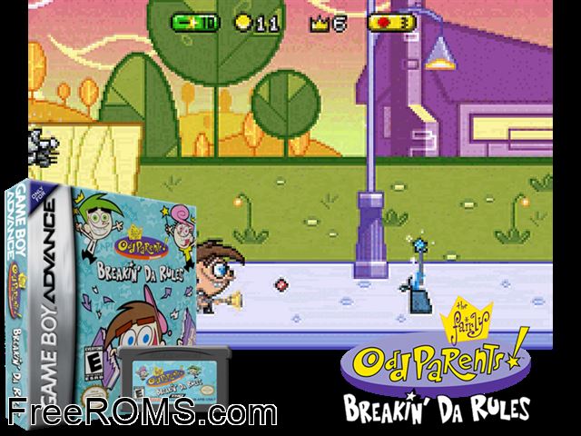 Fairly Odd Parents!, The - Breakin' Da Rules Gameboy Advance game showing 3D box cover and gameplay screenshot