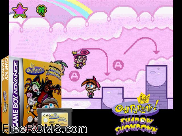 Fairly Odd Parents!, The - Shadow Showdown Gameboy Advance game showing 3D box cover and gameplay screenshot